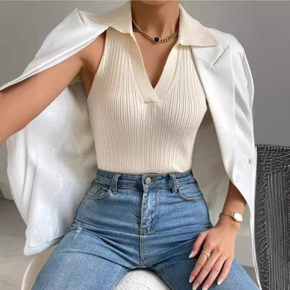 Summer V-Neck Ribbed Knit Crop Top